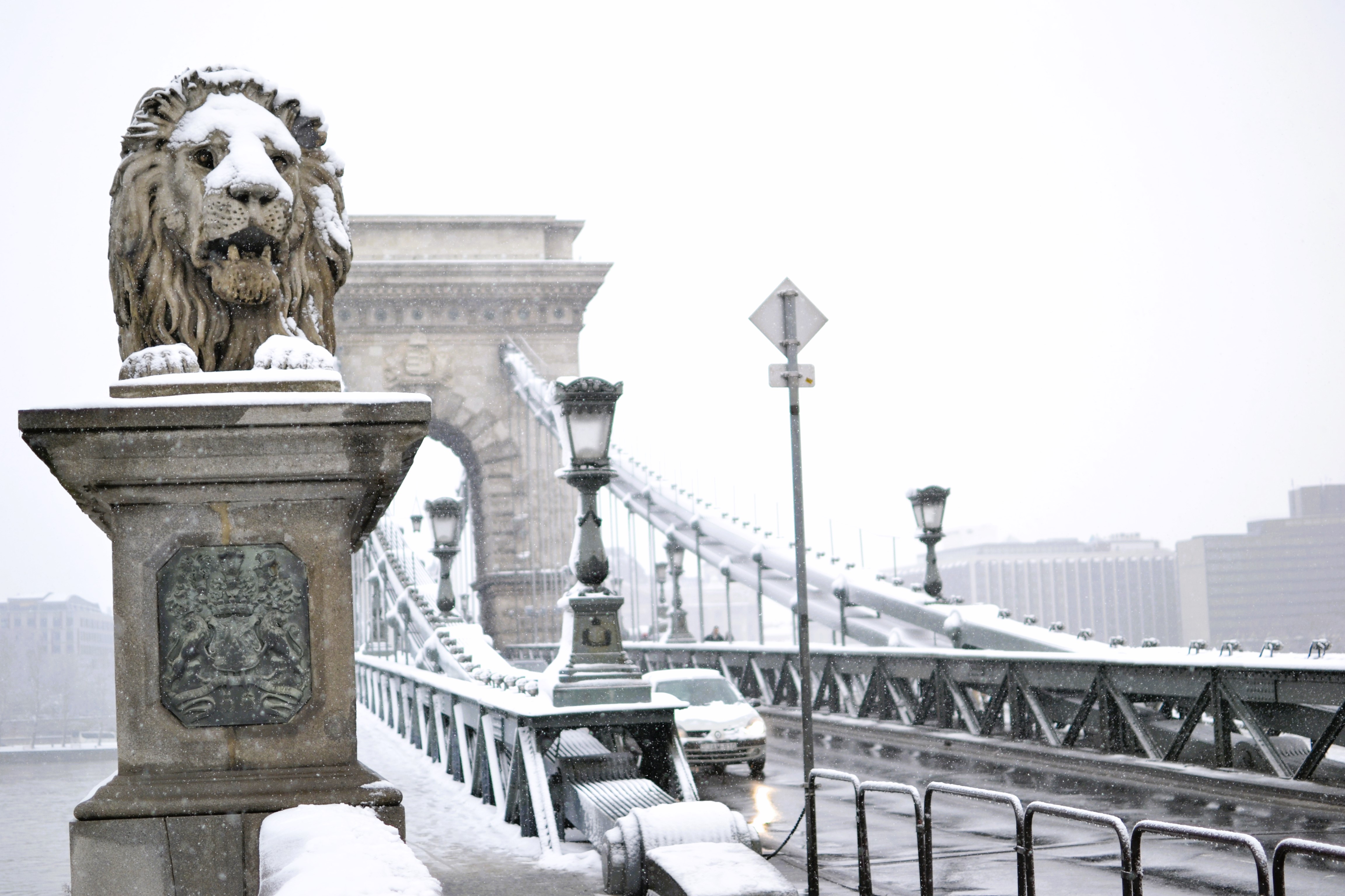 Winter in Budapest with view on the iconic chain bridge