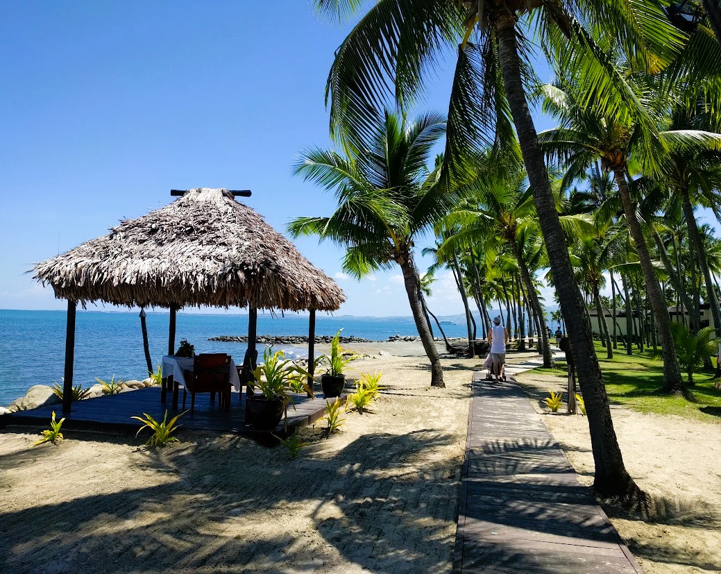 Palm lined walkways connecting the resorts at the Hilton Fiji