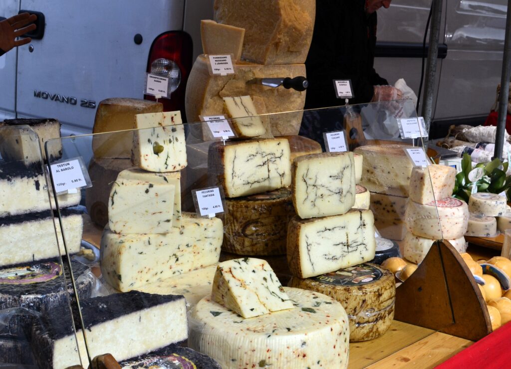 cheese display at a local market in Lucerne