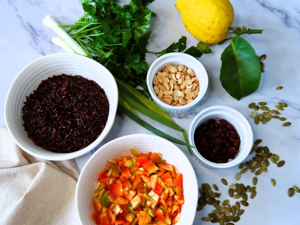 ingredients for this black rice salad