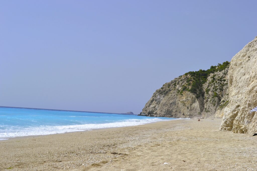 The contrasting blue waters and white pebbles at egremni beach