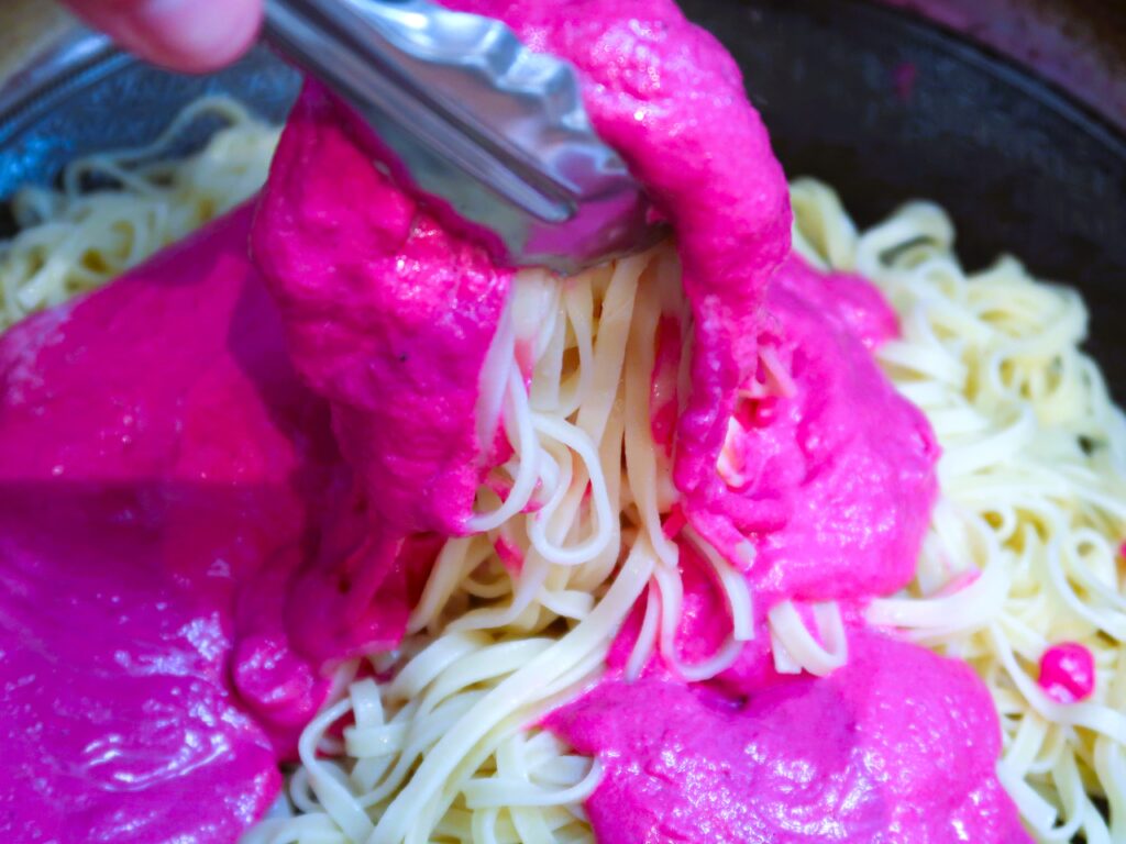 combining the pink sauce in the fettuccine