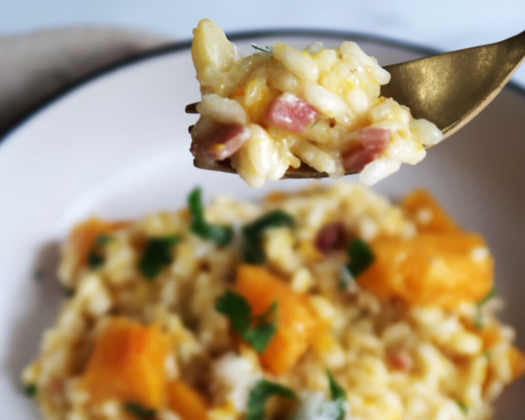 close up of bacon pumpkin risotto