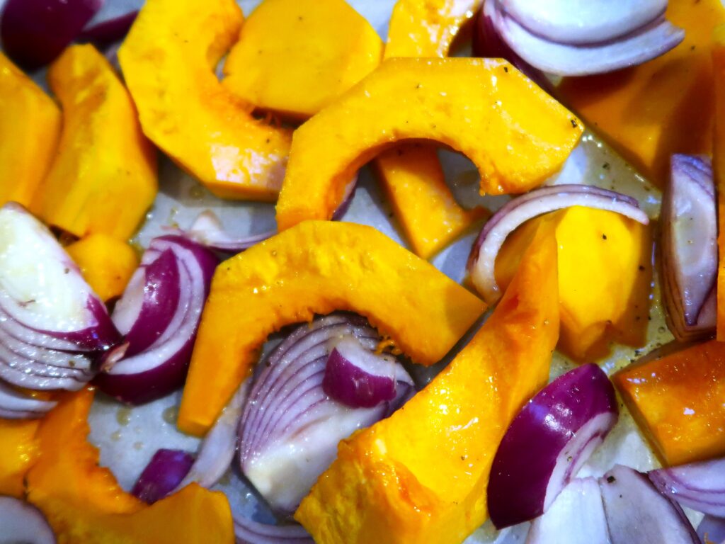 roasting of the pumpkin and red onion