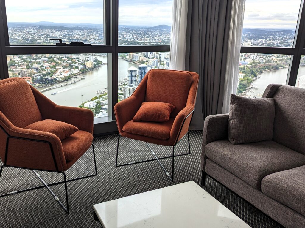 Lounge Room at Meriton Suites Adelaide Street Altitude Suite, one of the best Brisbane hotels for a view!